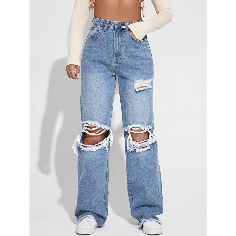 light wash Ripped Cutout Wide Leg Jeans - Picture 1 of 5